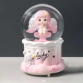 Pink little angel rotating musical snow globe with white lucky base and rabbit decor - -037 Pink Base / Large 100 Snow+Light+Music