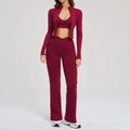 Driedelige sportset in wijnrood met ritsjasje en uitlopende yogabroek voor dames - S / Kersenrood