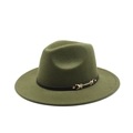 Detail of olive green wool fedora hat featuring a black leather band and gold metal buckle - M (56-58cm) / Army Green