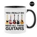 Detail of a 350ml ceramic music mug featuring five guitars and humorous text on white exterior - Multiple Guitars