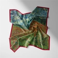 Gros plan détaillé d'un foulard en soie avec motif de champ de coquelicots style Van Gogh - 53cm / Champ de coquelicots rouges - Van Gogh