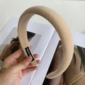 Beige padded wide headband with handcrafted fabric texture and handmade label - Milk Tea