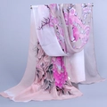 Elegant chiffon neck scarf with pink peony and bird botanical print in oriental style - Grey White (Peony Bird)