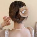 Elegant champagne floral hair clip with pearl and rhinestones for classic Chinese styles - 144# Champagne (Gauze Pearl Flower)