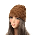 Knitted beanie hat in warm caramel brown with a thick textured weave for winter - Dark Brown