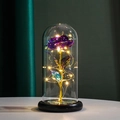 Galaxy purple artificial rose in glass dome with LED fairy lights and black base - Purple Rose (Warm Light) + Pink Gift Box
