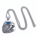 Macro shot of silver hawk pendant with blue eagle eye and detailed feather texture - Blue Eye Pendant + 60cm Chain