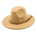 Close-up of khaki wool fedora hat with a woven brown leather band and tassel detail - M (56-58cm) / Camel
