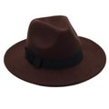 Detailed side view of a vintage dark brown wool fedora with a wide black ribbon band - Coffee