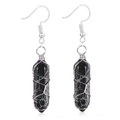 Detailed view of black hexagonal stone earrings with silver wire wrapped finish - Wire Wrapped Hexagonal Prism Earrings / Silver Black Stone Earrings