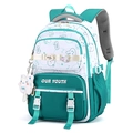 Green and white patchwork student backpack featuring cute cartoon prints and plush charm - With Charm / Lake Green