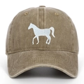 Macro shot of white horse embroidery on washed cotton vintage baseball cap texture - Adjustable / Khaki