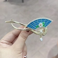Elegant gold fan-shaped hair clip with blue enamel floral design and pearl charms - Ancient Style Fan-shaped Pearl Hair Clip