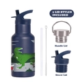 Deep blue 350ml kids water bottle with T-Rex print, straw, brush and dual lids - 350ml / Indigo Blue 2B