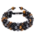 Dreilagiges Tigerauge-Perlenarmband mit verstellbarer schwarzer geflochtener Kordel - Gelber Tigerauge + Hämatit + Schwarze Perlen (8mm)