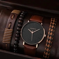 Detail view of men's watch set featuring a black dial watch and braided leather bracelets - Braided Leather Black Set S02057 (Watch And Bracelets)