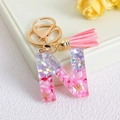 Glitter resin letter N keychain with pink tassel and gold metal hardware accessories - Letter N / Pink