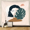 Detail of bohemian tapestry featuring abstract female portrait and monstera leaves art - Mld215