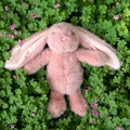 Plush pink bunny doll with long ears lying on a green clover and floral background - 25cm / Pink
