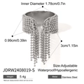 Silver stainless steel adjustable open ring with beaded tassel detail and dimensions - Bead Chain Tassel / Silver