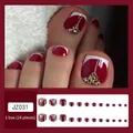 Classic burgundy press-on toe nails with French tips and elegant rhinestone decoration - JZ031-C Deep Red with Diamonds