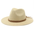 Classic beige Panama straw fedora hat featuring brown leather belts and gold bead accents - Beige
