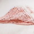 Detail of pink double-layer muslin baby blanket with black star print and tassel fringe - Custom Size / Watermelon Red Starfish