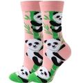 Detail of pink crew socks featuring cute cartoon panda and bamboo patterns - Pink Panda