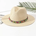 Cappello di paglia Panama con fascia di perline colorate e tesa larga per l'estate - M (56-58cm) / Beige
