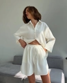 Detail of white waffle knit fabric texture on long sleeve shirt and drawstring shorts - S / White
