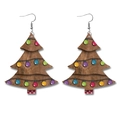 Boucles d'oreilles sapin de Noël avec imprimé ampoules colorées sur cuir marron - Grain de bois brun avec lumières colorées