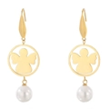 Golden angel silhouette hoop earrings with white pearl pendants on white background - Gold Angel (KE79996-GC)