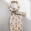 Beige baseball pattern PU leather card holder keychain with silicone beaded wristlet - Baseball (02)