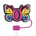 Rainbow butterfly silicone straw cover with magenta letter O for 10mm drinking straws - Letter O