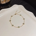 Elegant gold flower pearl bracelet with green zircon center and adjustable pull chain - S145 Gold