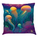 Square cushion cover with glowing orange jellyfish and purple seaweed illustration - Super Soft Velvet / 45x45cm / Pattern F