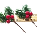Artificial pine needles with red berries for Christmas wreath and gift decoration - Pine Leaf 2 Leaves 3 Berries (1pc)