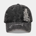 Gorra de béisbol de mezclilla lavada con diseño desgastado y detalles de roturas retro - Ajustable / Negro