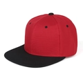 Detailed view of red cotton twill baseball cap with black flat brim and neat stitching - Black Brim and Red