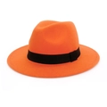 Classic orange wool fedora hat with elegant black decorative band and wide brim - One Size / Orange