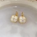 Macro shot of gold and white vintage square earrings with crystal accent and leverback - 32# Ear Buckle-Gold White Palace Style Retro Enamel Hoop Earrings (Real Gold Plating)