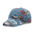 Detail of floral denim baseball cap showing vintage flower print and texture - One Size(Adjustable) / Medium Blue Floral (B)