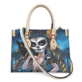 Day of the Dead skull print handbag with black cat and beige leather handles - Skull Girl Black Cat Sunflower - Off-White Strap