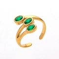 Adjustable three-layer gold steel ring with three green oval zircon stones - Gold & Green