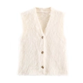 Women's V-neck plush knit vest in off-white with three amber-colored front buttons - S / Off White
