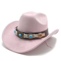 Pink suede cowboy hat detailed with turquoise beads and brown leather band - M (56-59cm) / Pink Suede