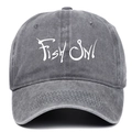 Distressed charcoal grey cotton baseball cap with white FISH ON embroidery and curved brim - Gray