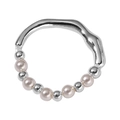 Minimalist S925 sterling silver ring featuring irregular metal and pearl bead strand - Silver - Round Bead Style