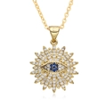 Golden sunburst necklace with evil eye pendant and zircon stones on white background - Sunburst Evil Eye Style (F177)