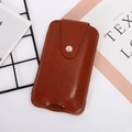 Brown leather vertical phone pouch with silver snap button and white stitching detail - Yellow Brown
